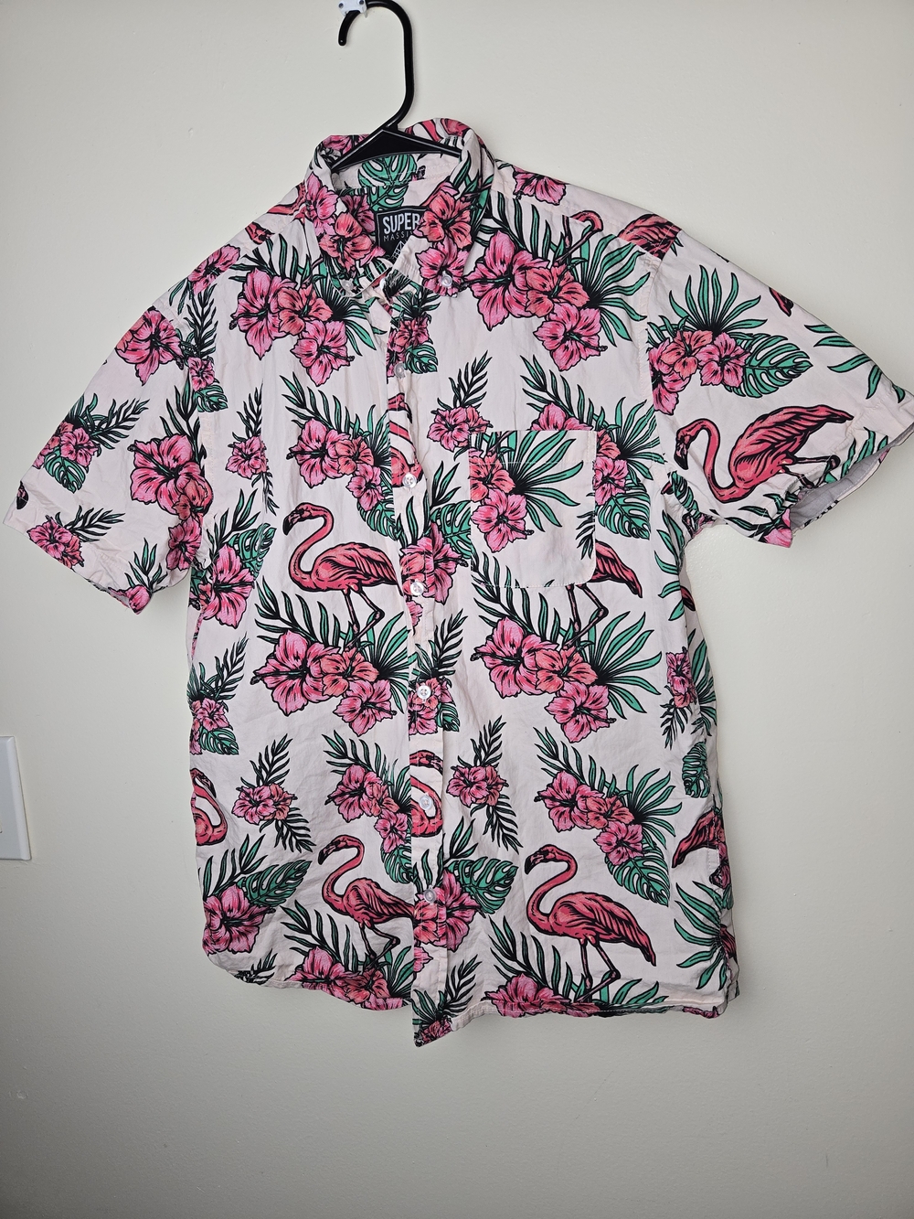 Super Massive Hawaiian Pink Tropical Flamingo Short-Sleeve Shirt - Men Size S